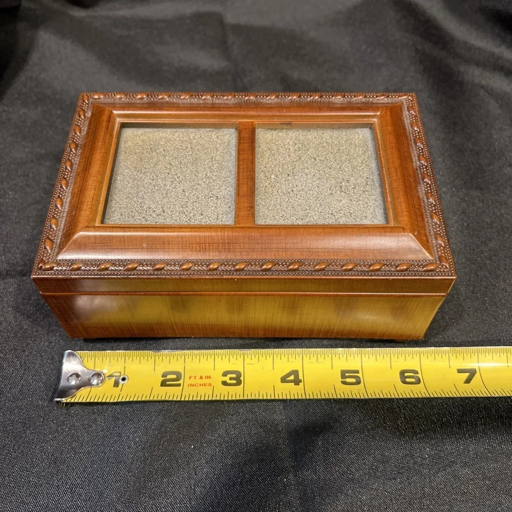 Wooden Music Musical Jewelry Box Glass Picture frame  Hinged Lid Sankyo Movement